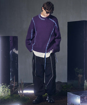 Oni-Waffle Crazy Stitch Embroidery Prime-Over Crew Neck Knit Pullover