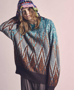 Airy Mohair Argyle Prime-Over Crew Neck Knit Pullover