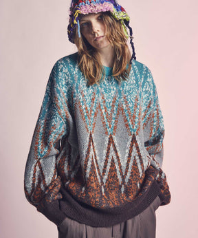 Airy Mohair Argyle Prime-Over Crew Neck Knit Pullover