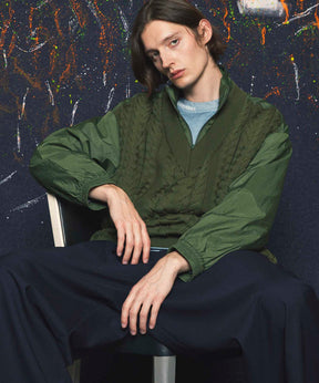 Cable Knit Combination Prime-Over Woven Shirt Half-Zip Pullover