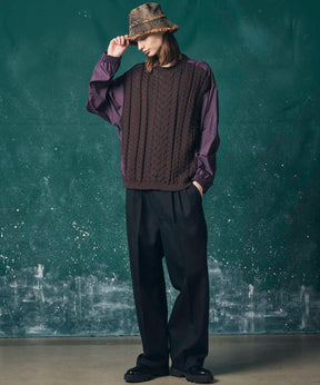 Cable Knit Combination Prime-Over Woven Shirt Crew Neck Pullover