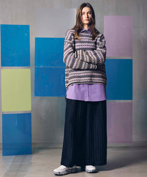 Prime-Over Sheer Border Crew Neck Knit Pullover