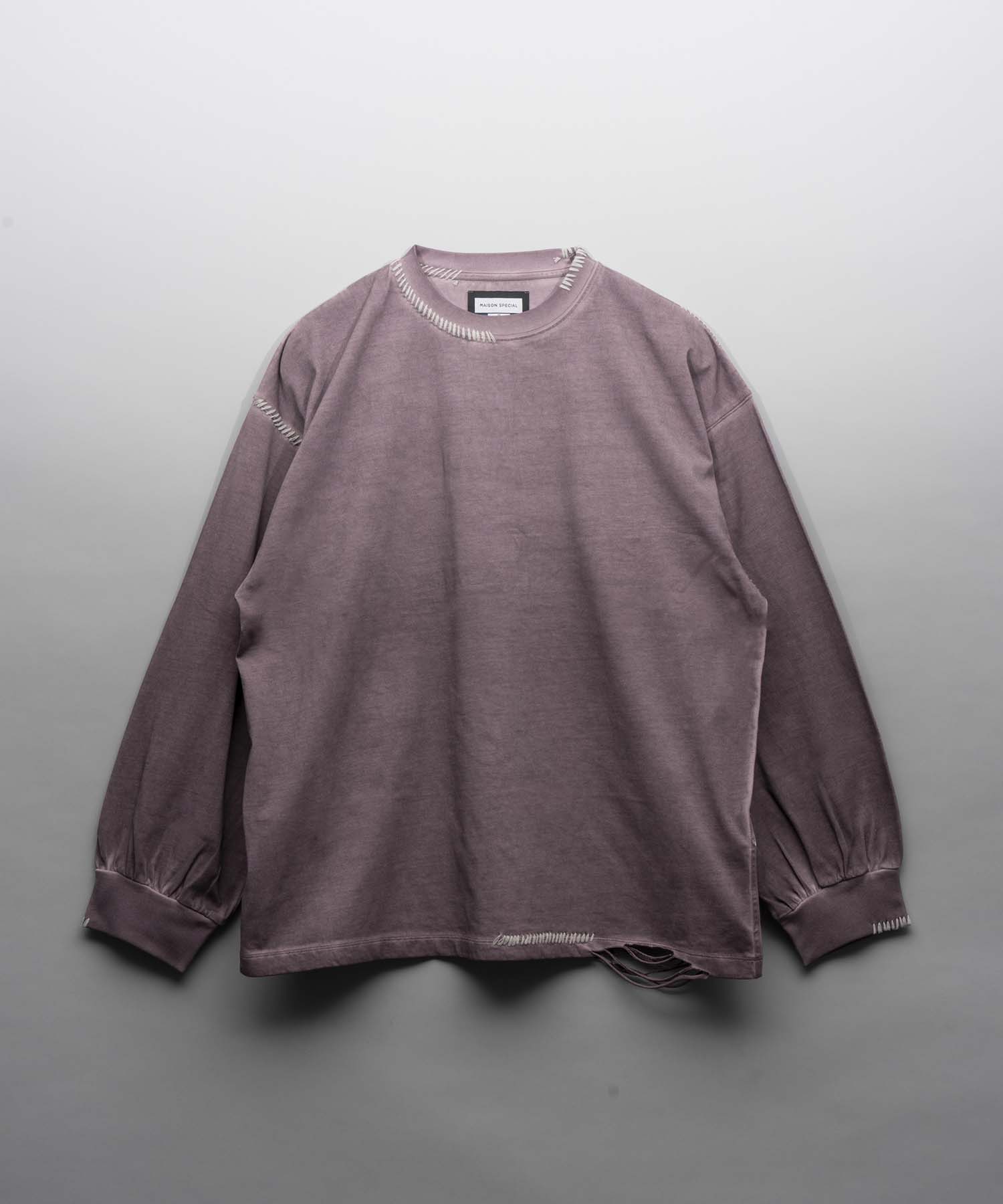 Embroidery Damage Over-Dye Crew Neck Long-Sleeve T-Shirts