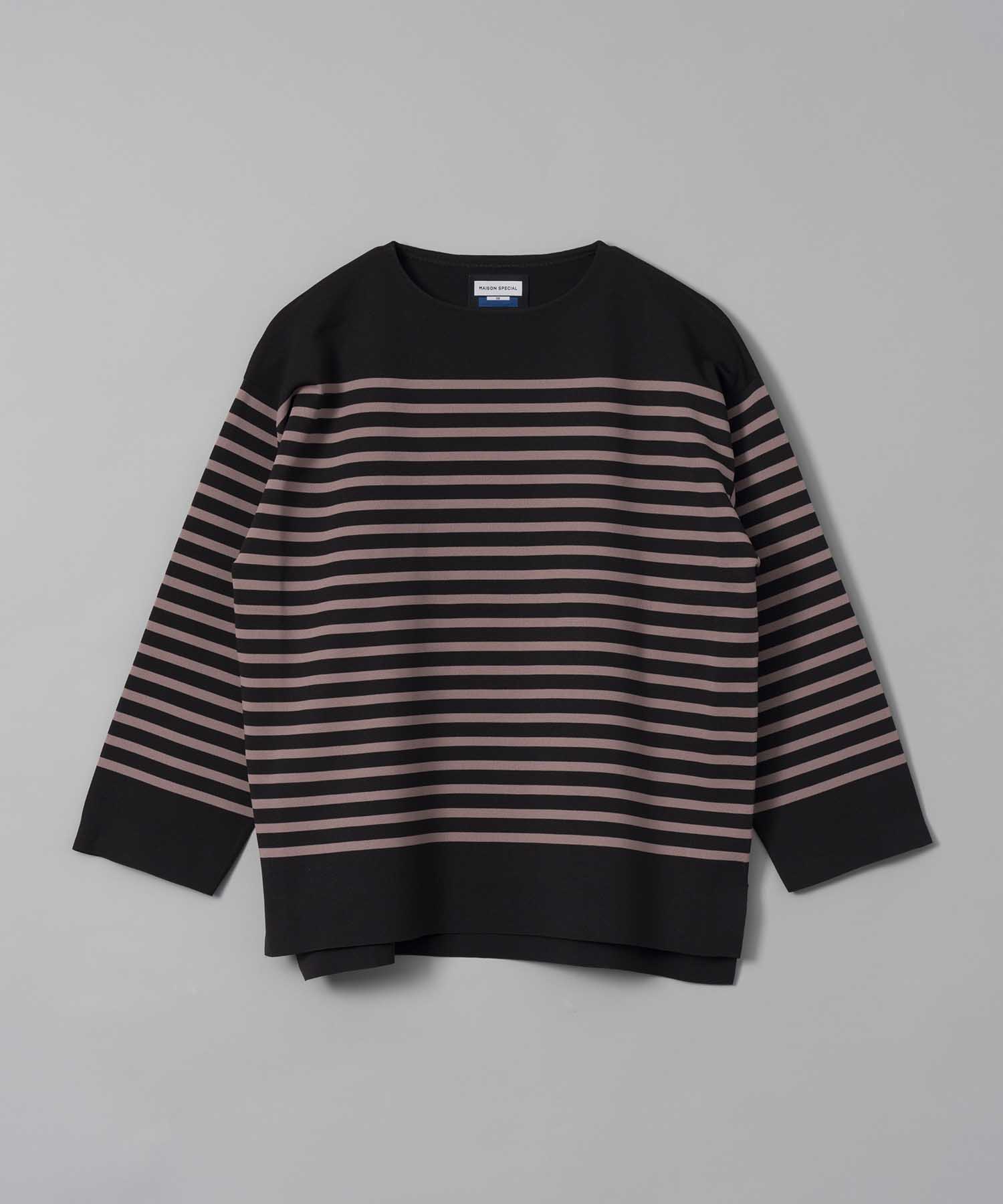 18G  Milan Ribs Border Prime-Over Boat Neck Knit Pullover