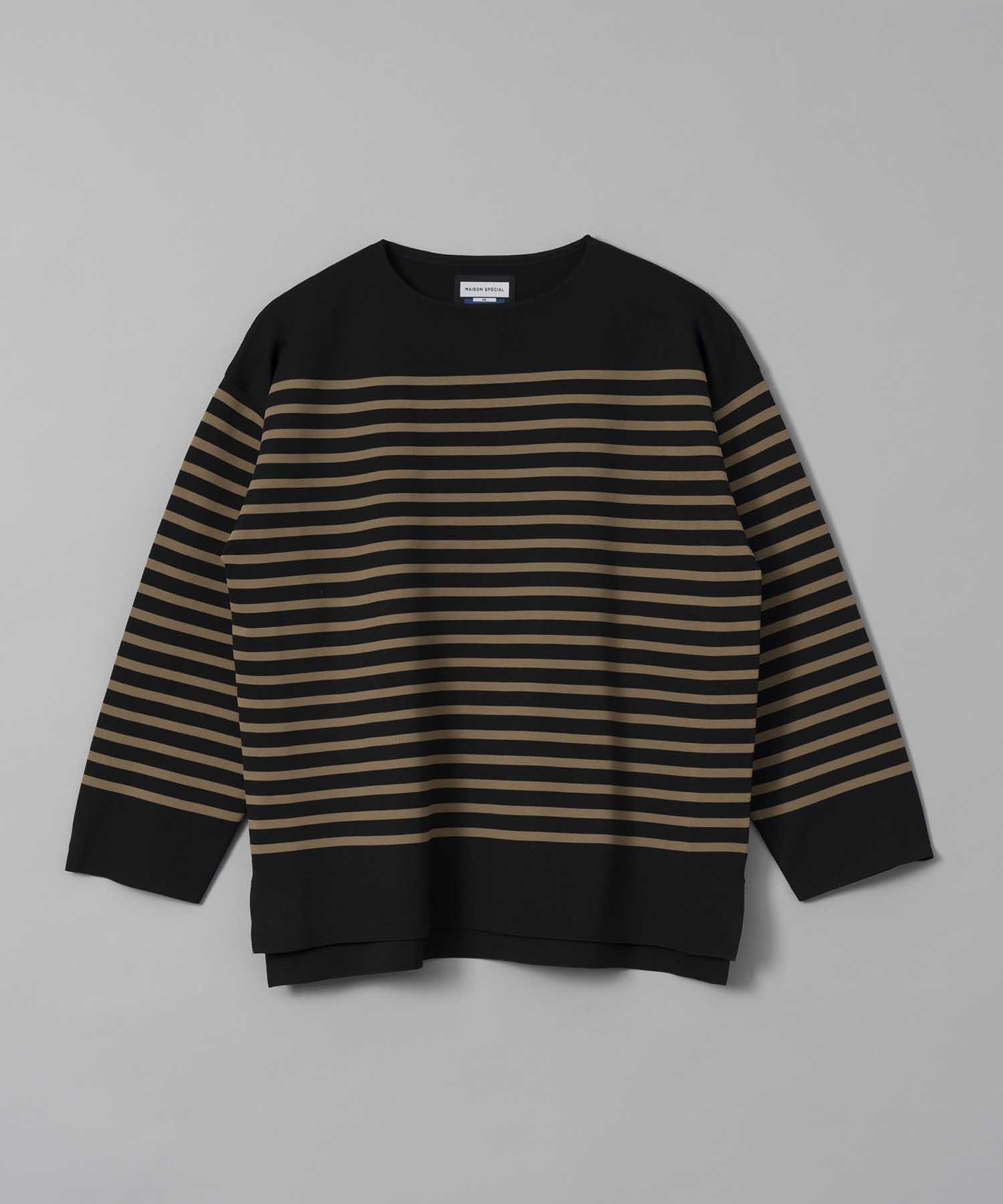 18G  Milan Ribs Border Prime-Over Boat Neck Knit Pullover