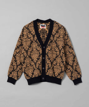 Damask Jacquard Prime-Over V-Neck Knit Cardigan