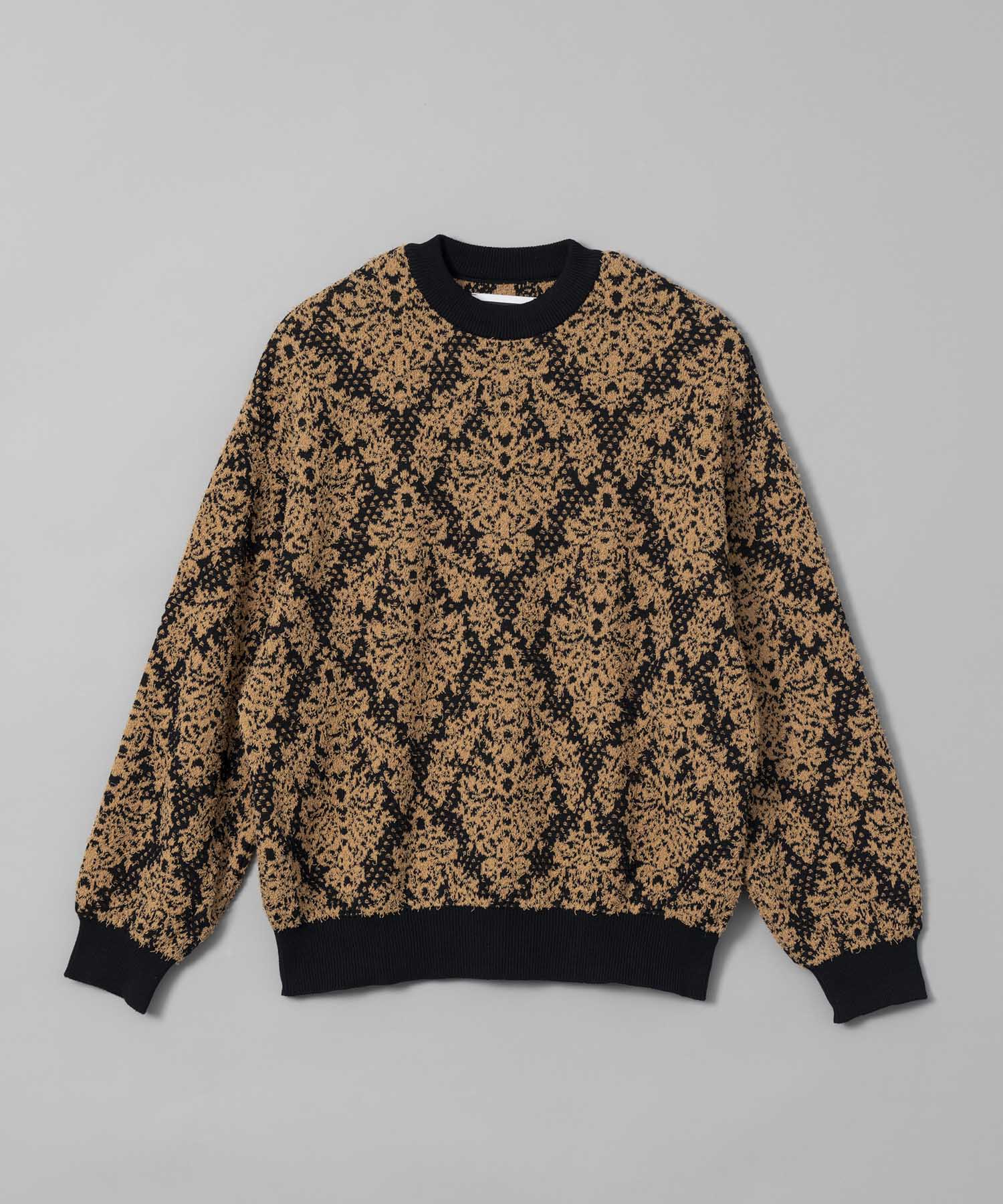 Damask Jacquard Prime-Over Crew Neck Knit Pullover