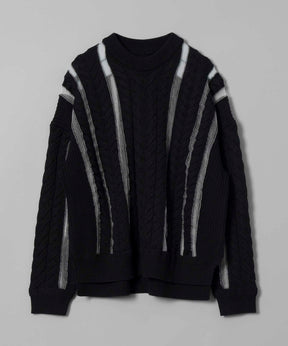 Cable Knitting Sheer Intarsia Prime-Over Crew Neck Knit Pullover