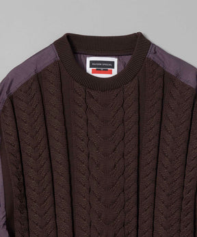 Cable Knit Combination Prime-Over Woven Shirt Crew Neck Pullover