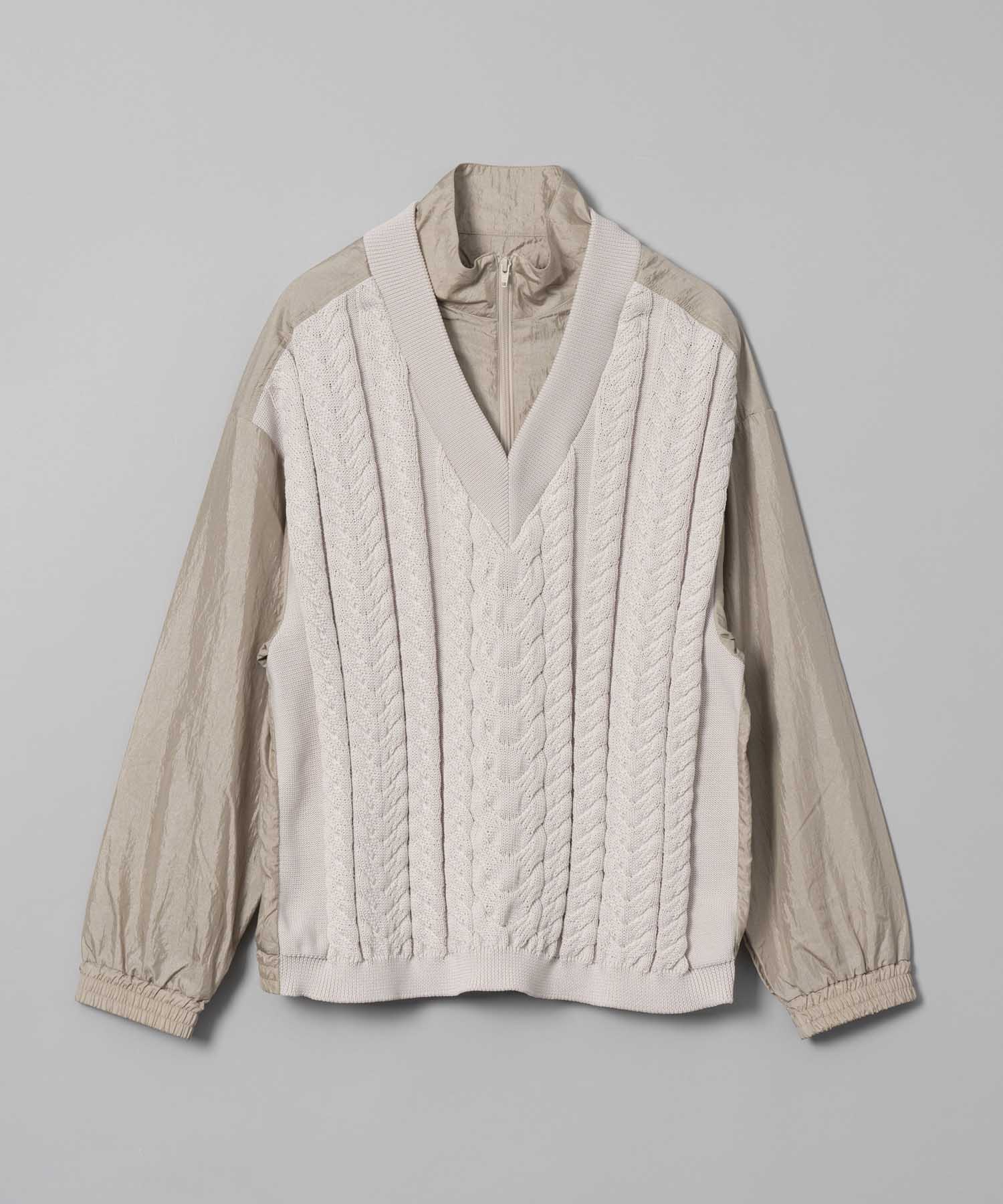 Cable Knit Combination Prime-Over Woven Shirt Half-Zip Pullover