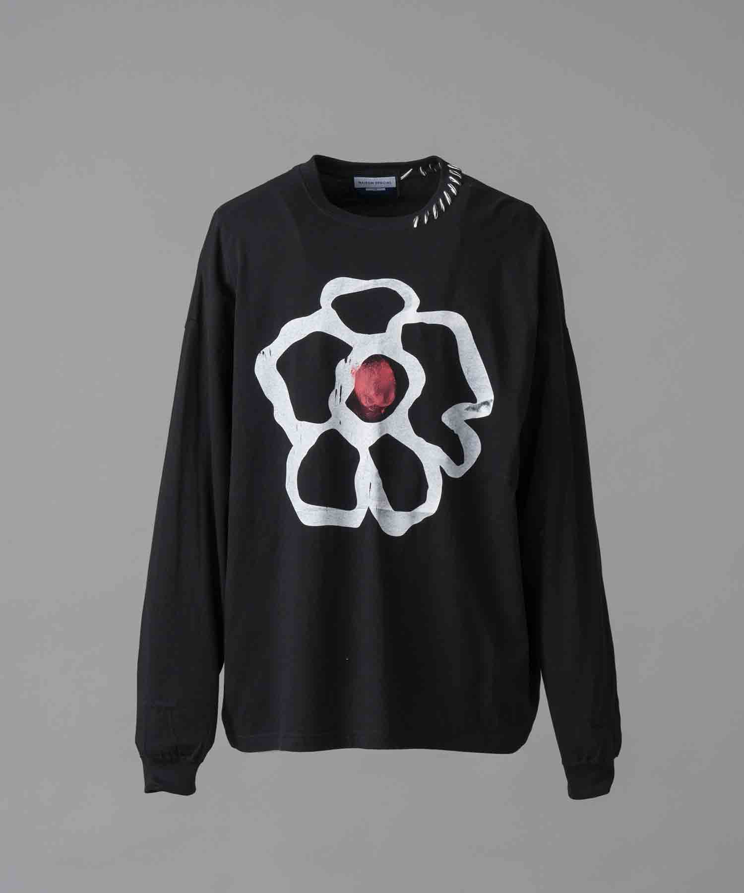 Flower Hand-Printed Oversized Stitched Crew Neck Long Sleeve T-Shirt