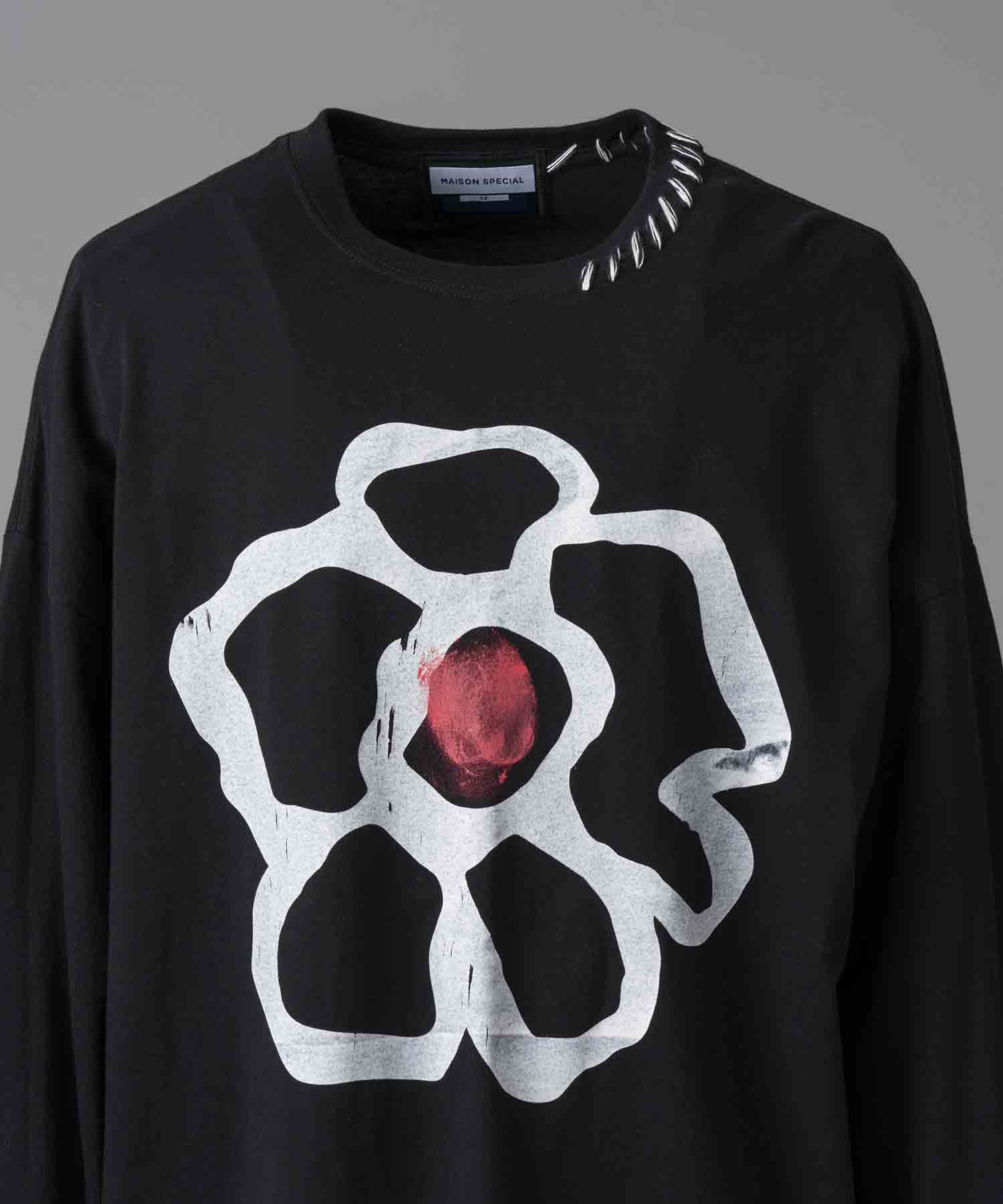 Flower Hand-Printed Oversized Stitched Crew Neck Long Sleeve T-Shirt