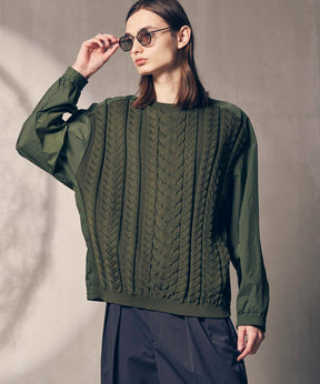 Cable Knit Combination Prime-Over Woven Shirt Crew Neck Pullover