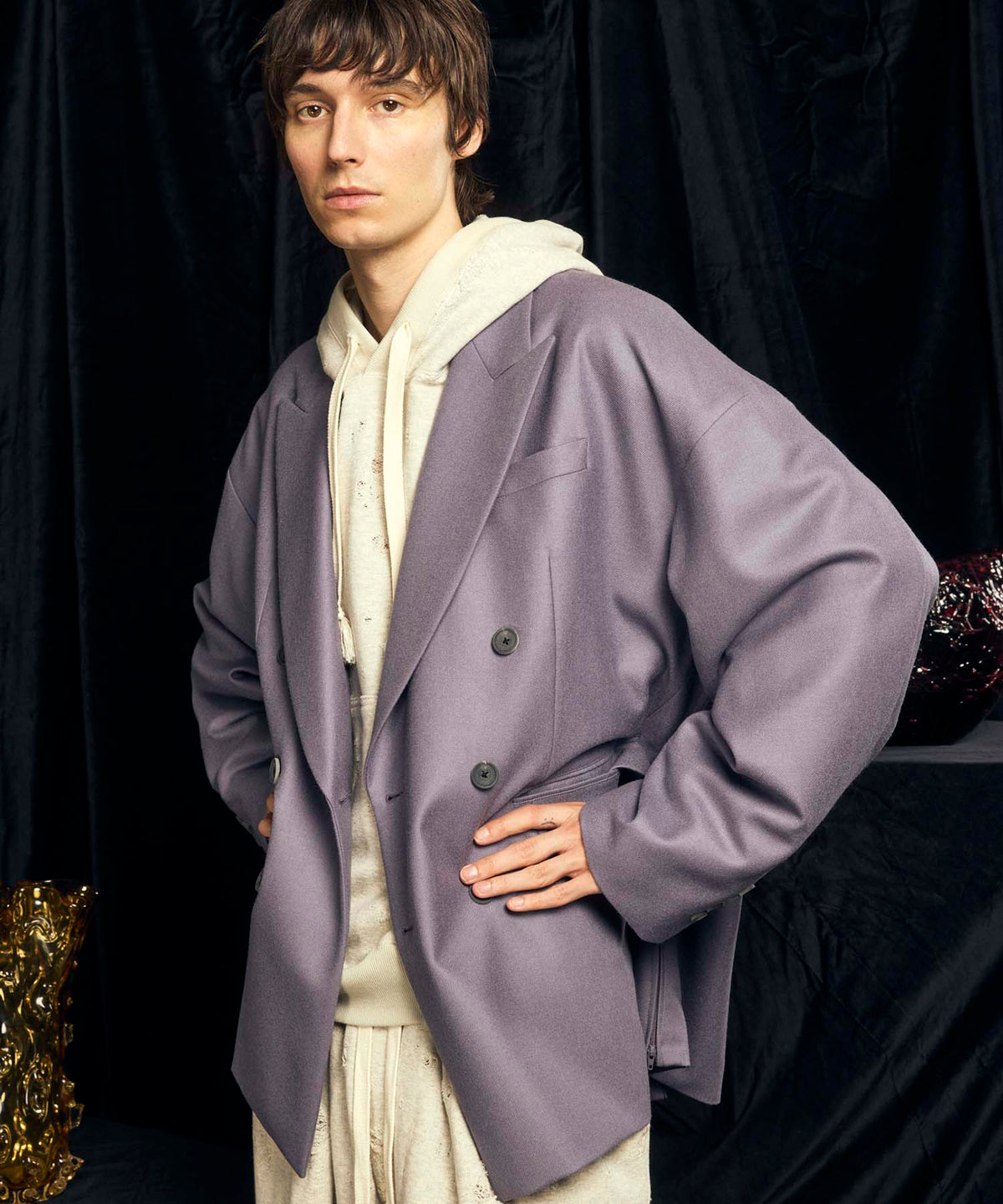 【Italian Dead Stock Fabric】Peaked Lapel Prime-Over Double Breasted Jacket