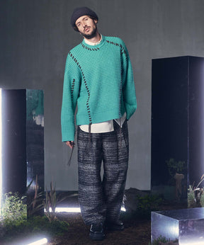 Oni-Waffle Crazy Stitch Embroidery Prime-Over Crew Neck Knit Pullover