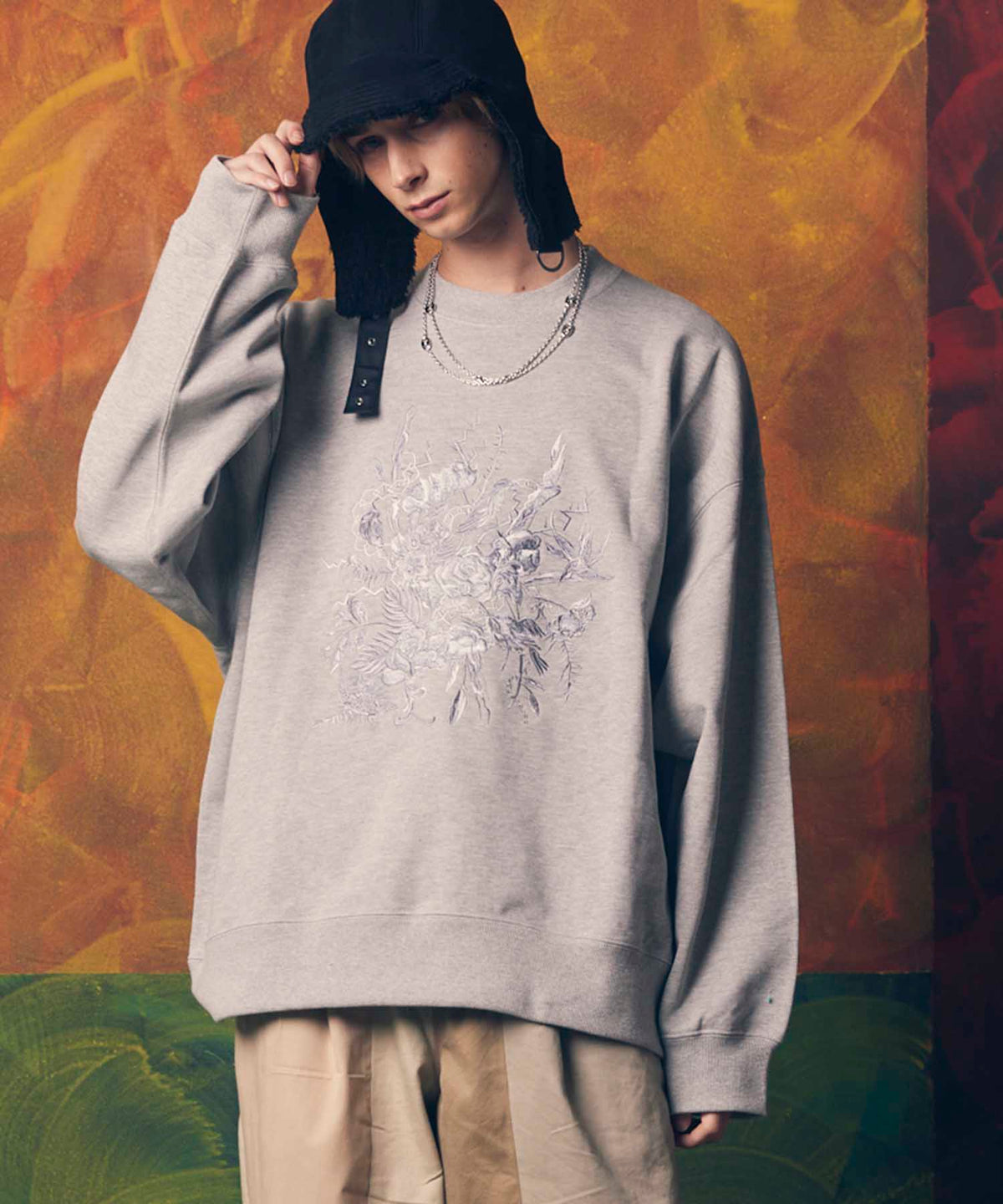 Flower Embroidery Heavy-Weight Sweat Prime-Over Crew Neck Pullover