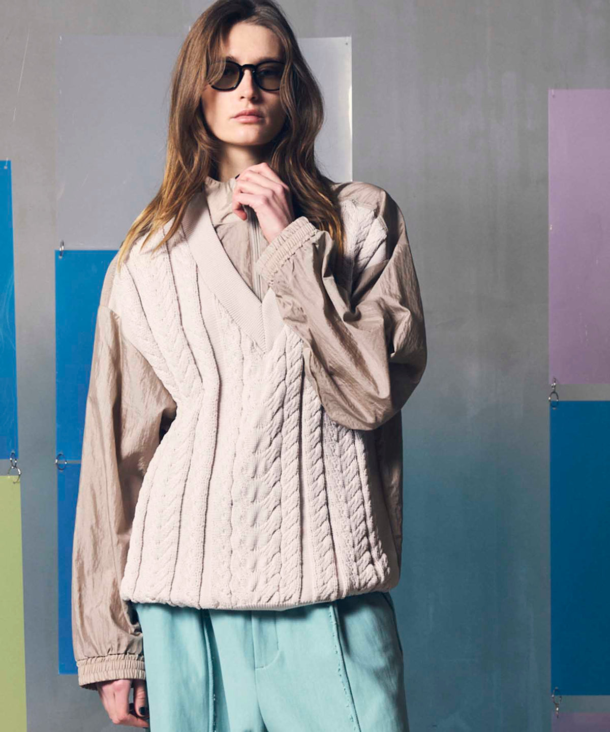 Cable Knit Combination Prime-Over Woven Shirt Half-Zip Pullover