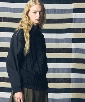 Cable Knit Combination Prime-Over Woven Shirt Half-Zip Pullover