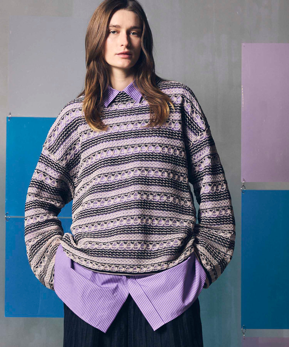 Prime-Over Sheer Border Crew Neck Knit Pullover