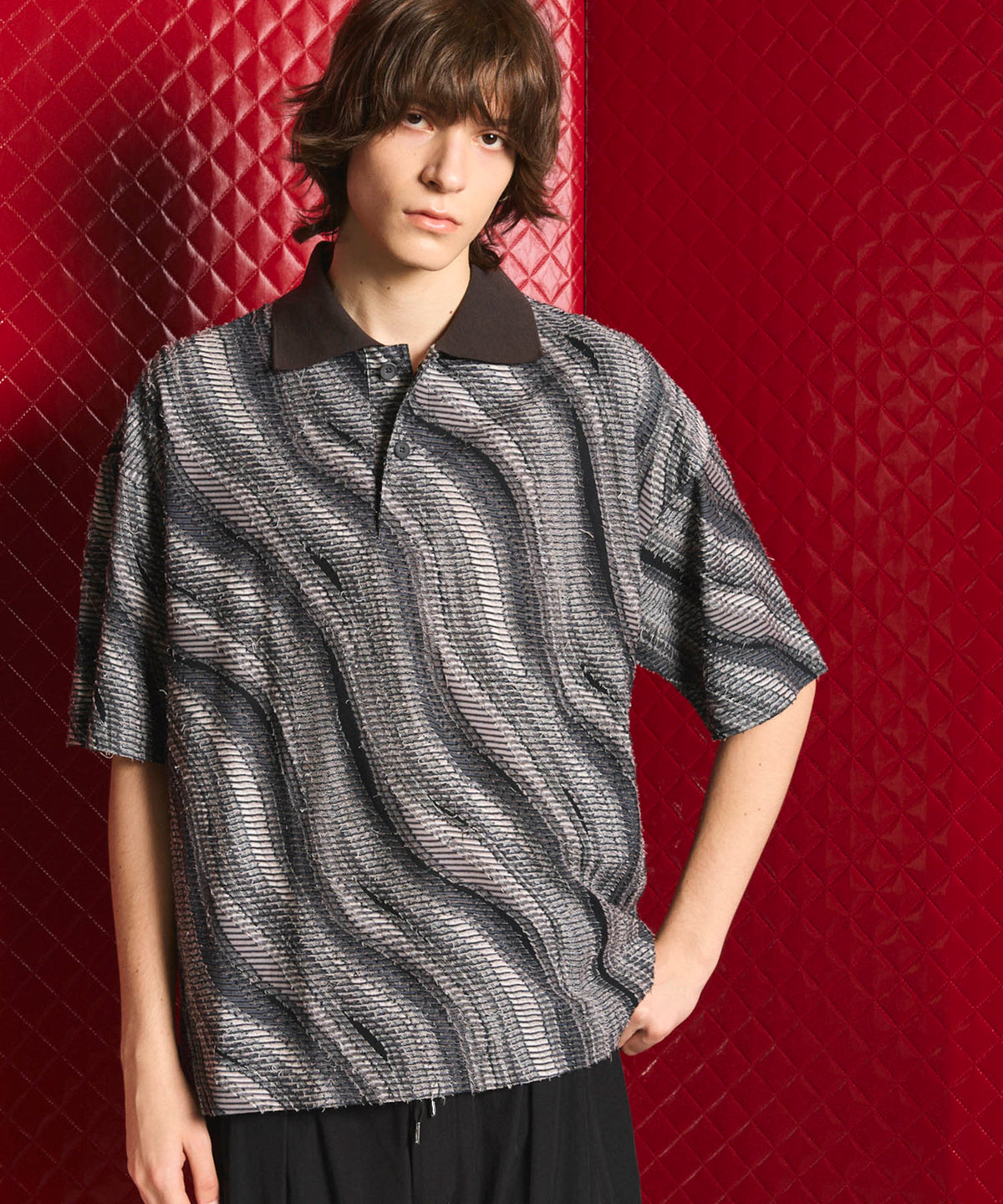 Wave Back Cut Jacquard Prime-Over Short Sleeve Polo Shirt