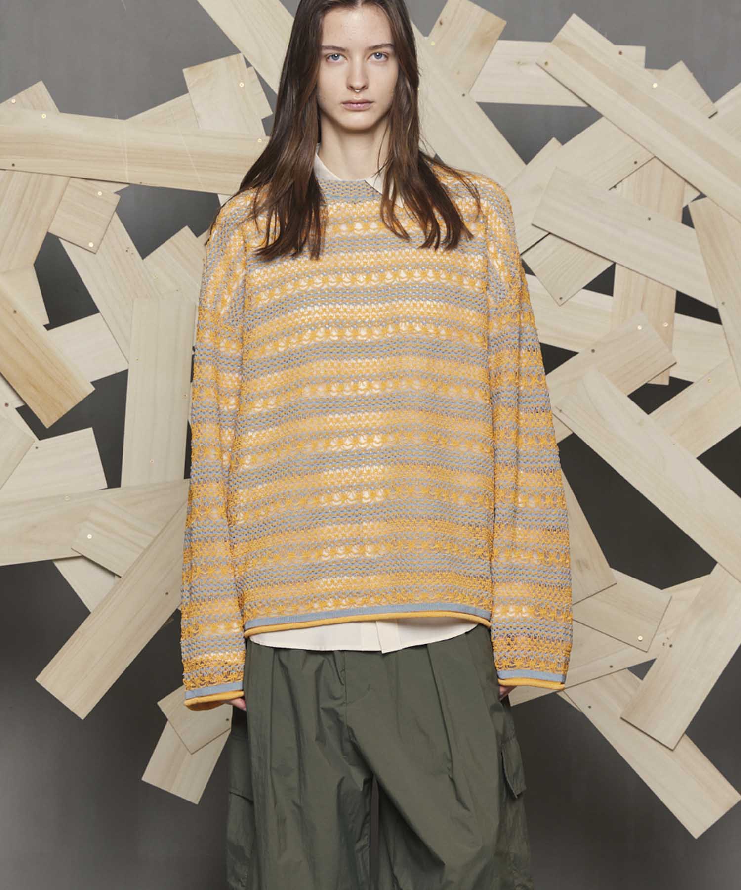 Prime-Over Sheer Border Crew Neck Knit Pullover