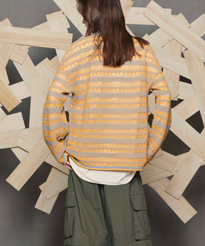 Prime-Over Sheer Border Crew Neck Knit Pullover